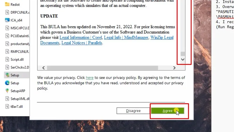 Kéo thanh xuống cuối và bấm Agree