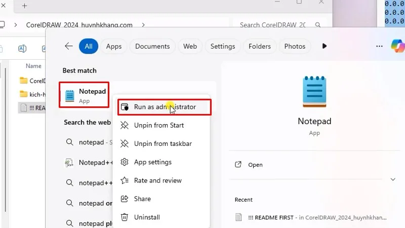 Mở Notepad bằng quyền Admin