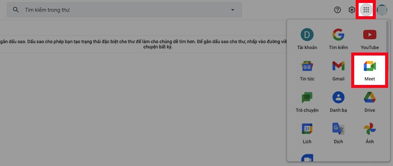Đăng nhập Gmail trên máy tính, nhấn vào biểu tượng dấu chấm ở góc trên bên phải > Chọn Meet