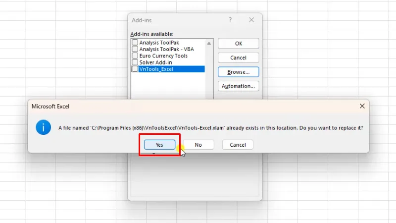 VnTools Excel 2016: Hướng Dẫn Chi Tiết Cài Đặt và Sử Dụng 21 Bấm Yes