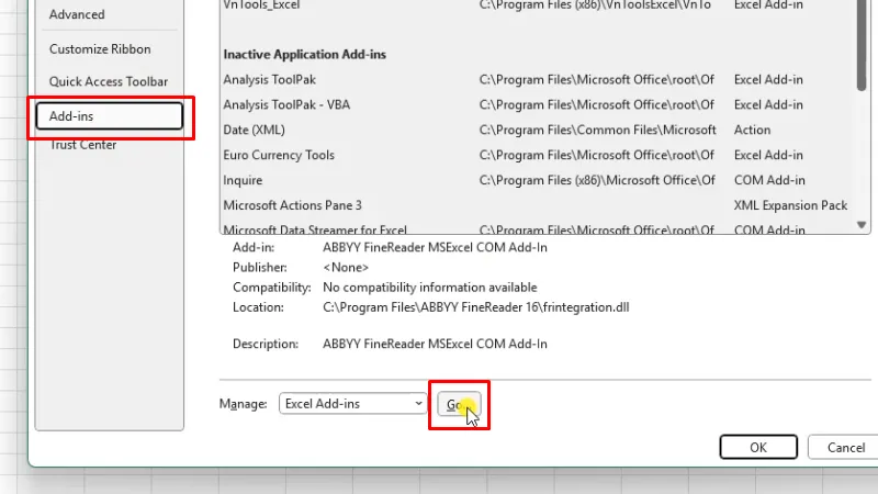 VnTools Excel 2016: Hướng Dẫn Chi Tiết Cài Đặt và Sử Dụng 18 Vô Options >> Add-ins, Bấm Go